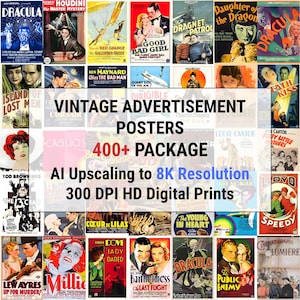 Más de 400 carteles publicitarios vintage, impresiones digitales, imagen HD de 300 ppp con resolución 8K mejorada con IA, arte mural retro clásico.