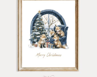 Fox Christmas Wall Art, Vintage Winter Watercolor Painting, Cozy Winter Nursery Print, Animal Lover Gift, Digital Download Printable