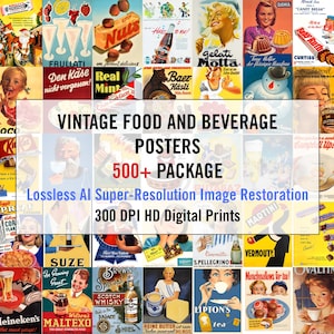 Puede incluir: Una colección de carteles vintage de alimentos y bebidas. Los carteles presentan anuncios coloridos de varios productos, incluyendo dulces, bebidas y aperitivos. El texto en los carteles incluye "Vintage Food and Beverage Posters", "500+ Package" y "300 DPI HD Digital Prints."