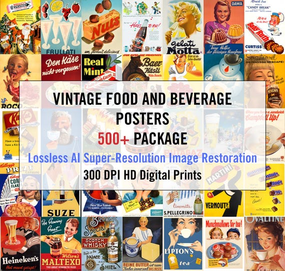 500+ Vintage Food and Beverage Posters Digital Prints, AI Super-Resolution Image Restoration, 300 dpi HD Image, Classic Retro Wall Art
