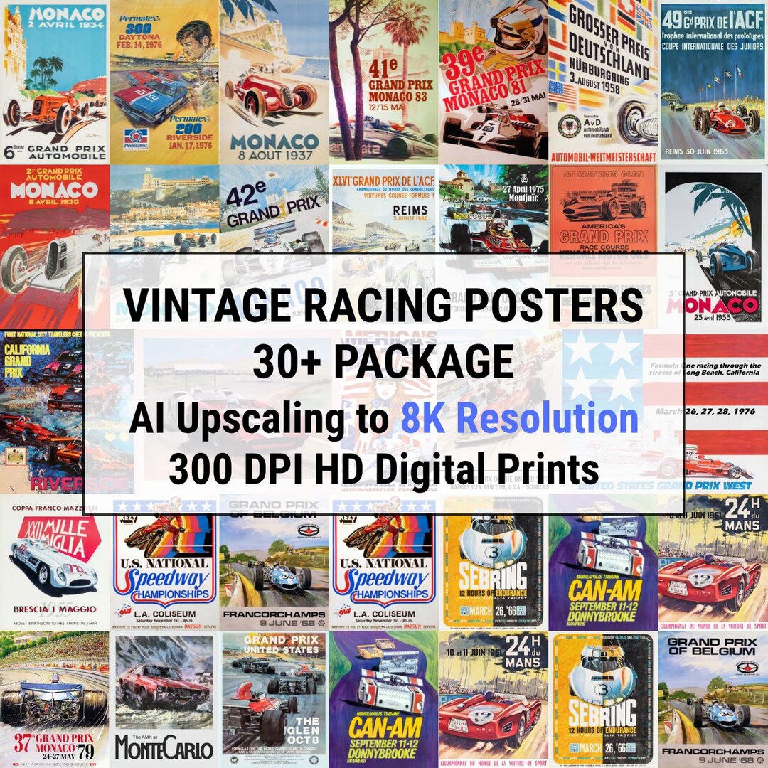 30+ Vintage Racing Posters Digital Prints, AI Upscaled Super Clear 8K ...