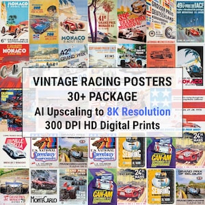 May include: A collage of vintage racing posters, advertising events like the Grand Prix. The posters feature classic race cars and text such as "Monaco" and "Sebring." The image also includes text that says "Vintage Racing Posters 30+ Package AI Upscaling to 8K Resolution 300 DPI HD Digital Prints."