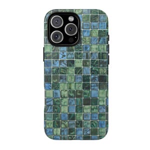 Green Blue Mosaic Tiles Phone Case, Artistic Geometric Tough Cover, Colorful Handmade Gift for iPhone Samsung Galaxy Google Pixel