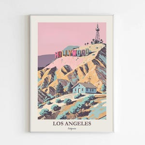 Los Angeles Retro Poster Art Print, Los Angeles Hollywood Sign Poster, California Wall Art, Hollywood Hills Travel Print, LA Dorm Decor