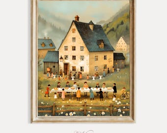 May include: A framed print depicts a quaint village scene with a large house, people gathered at long tables, and rolling hills in the background. The artwork features a warm color palette and a rustic aesthetic, evoking a sense of community and celebration.