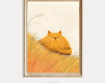 Breezy Cat Art Print, Kids Nursery Decor, Vintage Storybook Animal Illustration, Children Bedroom Wall Art, Neutral Nature Printable