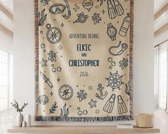 Personalized Couples Woven Throw Blanket, Scuba Diving Doodle, Blue Nautical Decor, Custom Wedding Anniversary Throw, Engagement Gift