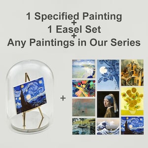 Miniatur Van Gogh Sternennacht Kunstdruck plus Kunstdrucke aus unserer Serie, mit 1 vergoldeter Staffelei, Geschenk für Kunstbegeisterte
