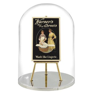 Mini póster publicitario de estilo vintage, impresión en miniatura de corsés inoxidables de Warner de 1918, con trípode y caballete chapado en oro.