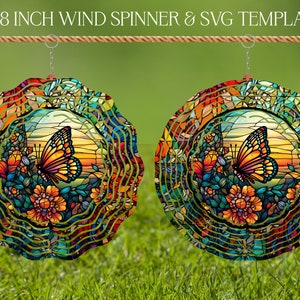 Modelo de design de sublimação de vitral de girador de vento borboleta, girador de vento SVG, sublimação redonda de 10 e 8 polegadas, giradores suspensos png