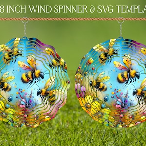 Modèle de conception de sublimation PNG de vitrail abeilles fleurs sauvages, essoreuse à vent SVG, 10 & 8 pouces ronds suspendus filatures png