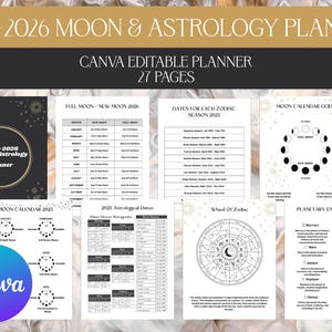 Editable Moon Astrology planner in Canva, Template Pack, 2025 2026 Moon Astrology Calendar, Digital Download Moon Phase and Signs Calendar