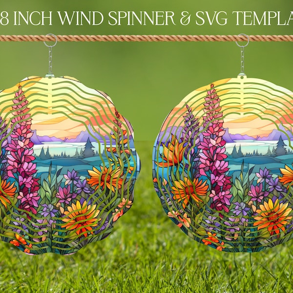 Flowers Wind Spinner Stained Glass Sublimation Design Template, Wind Spinner SVG, 10 and 8 inch Round Sublimation, Hanging Spinners png