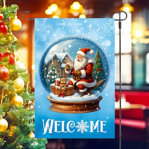 Garden Flag Sublimation Design 12x18 PNG, Snow Globe Christmas Santa, Digital Download Design, Garden Porch Decor Art Yard Sign Event Banner