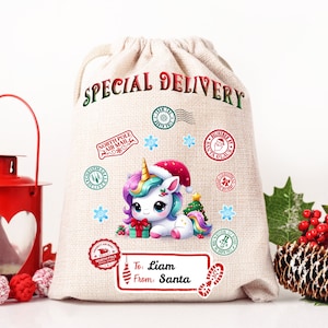 Saco de Papai Noel Design de Sublimação PNG, Saco de Presente de Natal Arquivo PNG Saco de Natal 20X27 Polegadas Unicórnio Fofo Com Presente PNG Download Instantâneo Digital
