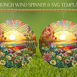 Modèle de conception de sublimation de vitrail essoreuse à vent fleurs prairie, essoreuse SVG, sublimation ronde de 10 et 20 cm, hélices suspendues png thumbnail