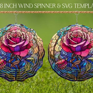 Rose Wind Spinner Stained Glass Sublimation Design Template, Wind Spinner SVG, 10 and 8 inch Round Sublimation, Hanging Spinners png