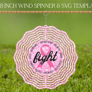 Modello di progettazione di sublimazione del cancro al seno Wind Spinner, Wind Spinner SVG, sublimazione rotonda da 10 e 8 pollici, Mockup di filatori sospesi png, rosa