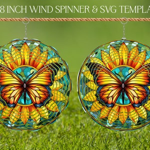 Modèle de conception de sublimation en verre teinté Butterfly Wind Spinner, Wind Spinner SVG, Sublimation ronde de 10 et 8 pouces, Spinners suspendus png