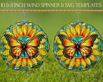 Butterfly Wind Spinner Stained Glass Sublimation Design Template, Wind Spinner SVG, 10 and 8 inch Round Sublimation, Hanging Spinners png