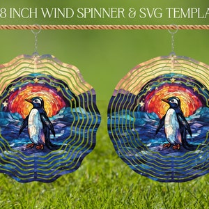 Plantilla de diseño de sublimación de vidrieras de Penguin Wind Spinner, Wind Spinner SVG, sublimación redonda de 10 y 8 pulgadas, Spinners colgantes png