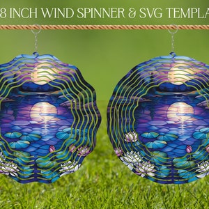 Serene lotusvijver wind spinner gebrandschilderd glas sublimatie ontwerpsjabloon, spinner SVG, 10 en 8 inch ronde sublimatie, hangende spinners, png