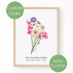 Custom Birth Month Flowers Family Bouquet Personalized Gift for Mother&#39;s Day and Grandmother Floral Family Creation Digital Print Painting
