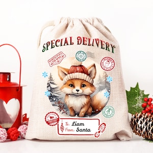 Conception de sublimation de sac du père Noël PNG, fichier PNG de sac cadeau de Noël. Sac de Noël 20 x 27 pouces renard mignon avec des cadeaux Téléchargement instantané numérique PNG