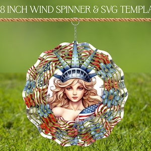 Modelo de design de sublimação de girador de vento patriótico, girador de vento SVG, giradores suspensos de sublimação redonda de 10 e 8 polegadas png maquete cores dos EUA