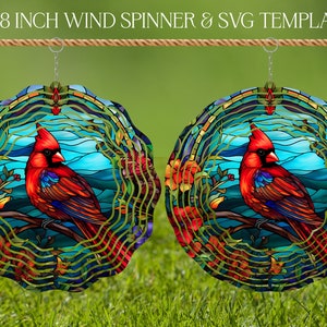 Cardinal Bird Wind Spinner Stained Glass Sublimation Design Template, Spinner SVG, 10 and 8 inch Round Sublimation, Hanging Spinners png