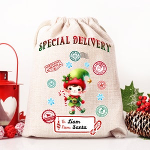 Santa Sack Sublimation Design PNG, Sac cadeau de Noël PNG Fichier Sac de Noël 20X27 pouces Elfe mignon PNG Téléchargement numérique Livraison spéciale png