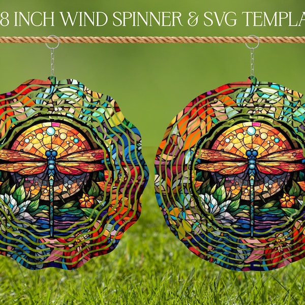 Dragonfly Wind Spinner Stained Glass PNG Sublimation Design Template, Wind Spinner SVG, 10 and 8 inch Round Sublimation Hanging Spinners png