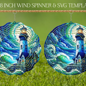 Modèle de conception de sublimation de vitrail de tour de vent de phare, tour de vent SVG, sublimation ronde de 10 et 8 pouces, filateurs suspendus png