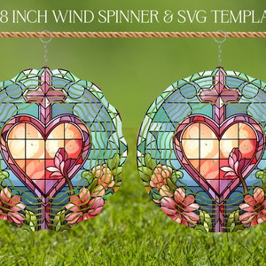 Cross Heart Wind Spinner Stained Glass Sublimation Design Template, Wind Spinner SVG, 10 and 8 inch Round Sublimation, Hanging Spinners png