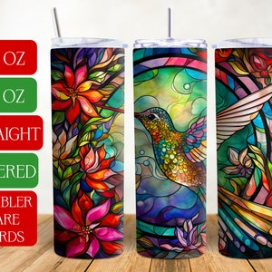 Hummingbird Stained Glass Tumbler Wrap, 20 oz and 30 oz Skinny Sublimation Design, Straight and Tapered, Instant Digital Download, Care Card