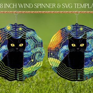 Modelo de design de sublimação de girador de vento de gato preto, girador de vento de noite estrelada SVG sublimação redonda de 10 e 8 polegadas, giradores suspensos png