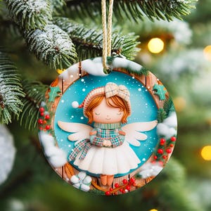 3D Angel Christmas Sublimation Ornaments Designs Download Sublimation Decoration Background Christmas PNG Digital Round Design for Tree