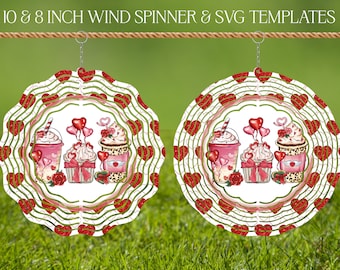 Plantilla de diseño de sublimación de vidrieras de Valentine Coffee Wind Spinner, Wind Spinner SVG, redondo de 10 y 8 pulgadas, Spinners colgantes png