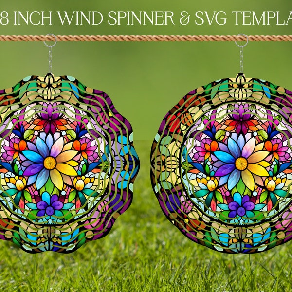 Flowers Wind Spinner Stained Glass Sublimation Design Template, Wind Spinner SVG, 10 and 8 inch Round Sublimation, Hanging Spinners png