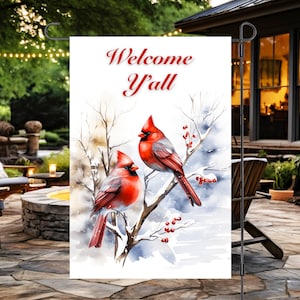 Garden Flag Sublimation Design 12x18, Cardinal Bird Welcome Y&#39;all, Digital Design, Winter PNG, Garden Porch Decor Art Yard Sign Event Banner