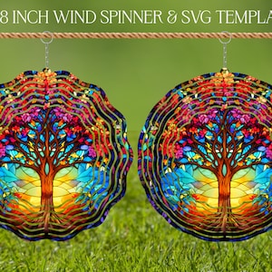 Tree Of Life Wind Spinner Stained Glass Sublimation Design Template, Wind Spinner SVG, 10 and 8 inch Round Sublimation, Hanging Spinners png