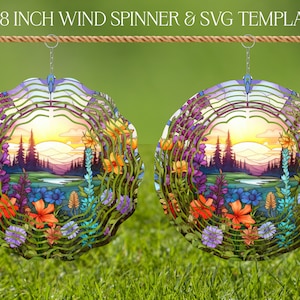 Wildflowers Field Wind Spinner Stained Glass Sublimation Design Template, Spinner SVG, 10 en 8 inch ronde sublimatie, hangende spinners, png