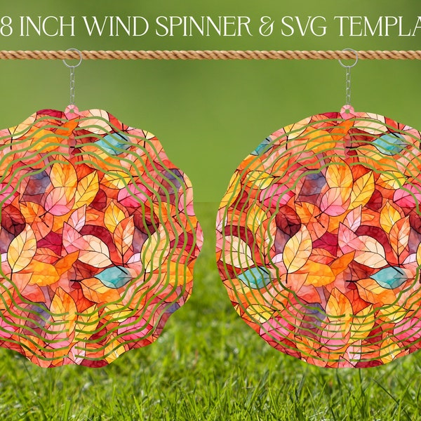 Fall Leaves Wind Spinner Stained Glass Sublimation Design Template, Wind Spinner SVG, 10 and 8 inch Round Sublimation, Hanging Spinners png