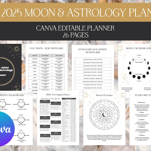 Agenda astrologie lunaire modifiable sur Canva, pack de modèles, calendrier astrologie lunaire 2024 2025, calendrier des phases et des signes à téléchargement numérique