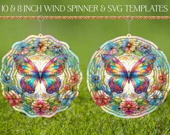 Butterfly Wind Spinner Stained Glass Sublimation Design Template, Wind Spinner SVG, 10 and 8 inch Round Sublimation, Hanging Spinners png