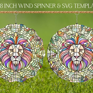 Modello di disegno per sublimazione del vetro colorato con girandola del vento del segno zodiacale del Leone, Spinner in formato SVG, trottole per sublimazione rotonde da 10 e 8 pollici png
