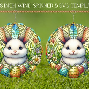 Modèle de conception de sublimation de vitrail de vrille de vent de lapin de Pâques, girouette SVG, rond de 10 et 20 pouces, hélices suspendues png thumbnail