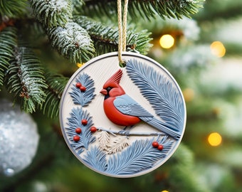 3D Christmas Sublimation Ornaments Designs Download Sublimation Decoration Background Christmas PNG Digital Round Design Cardinal Bird png