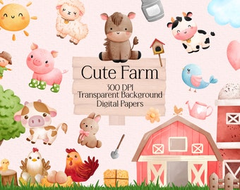 Cute Baby Farm animals clipart, Farmyard Watercolor Clip Art, Baby shower Elements, Nursery Cute Animal, Safari Bundle PNG, Digital Download