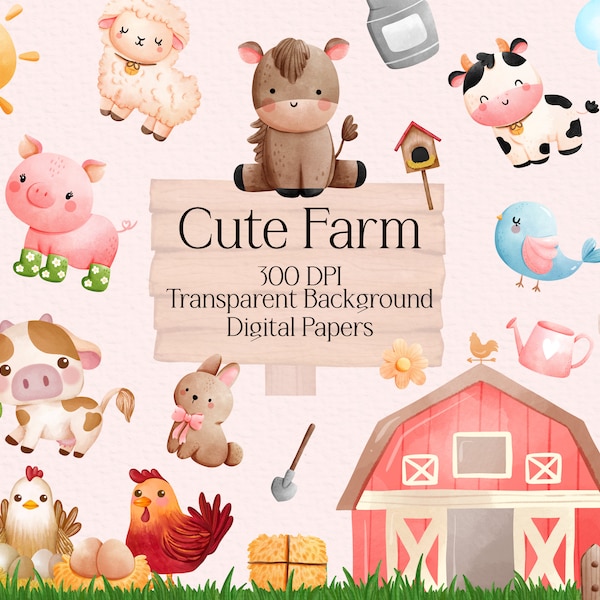 Cute Baby Farm animals clipart, Farmyard Watercolor Clip Art, Baby shower Elements, Nursery Cute Animal, Safari Bundle PNG, Digital Download